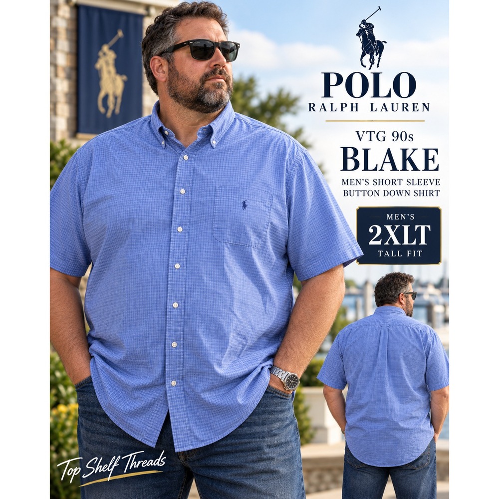 VTG 90s Ralph Lauren Blake Men 2XLT Blue Gingham Cotton Short Sleeve Button Down